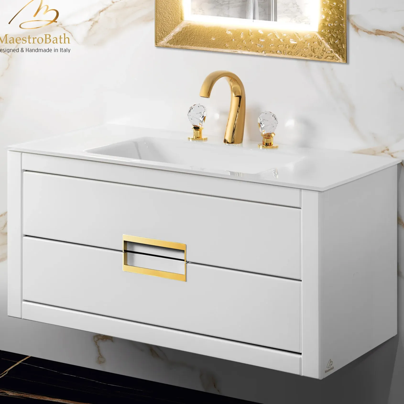 MaestroBath Dante 40" Modern Bathroom Vanity, White and Gold, Wall-mounted, Glass Top: Integrated, Wood, VANK-DNTI-WG10