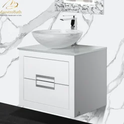 MaestroBath Dante 24" Modern Bathroom Vanity, White and Silver, Wall-mounted, Glass Top: Integrated, Wood, VANK-DNTI-WS6