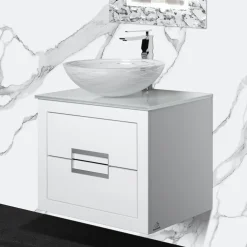 MaestroBath Dante 24" Modern Bathroom Vanity, White and Silver, Wall-mounted, Glass Top: Flat, Wood, VANK-DNT-WS6