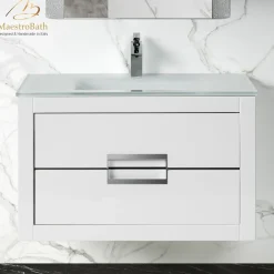 MaestroBath Dante 32" Modern Bathroom Vanity, White and Silver, Wall-mounted, Glass Top: Integrated, Wood, VANK-DNTI-WS8