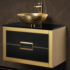MaestroBath Dante 32" Modern Bathroom Vanity, Gold and Black, Wall-mounted, Glass Top: Flat, Wood, VANK-DNT-GL8