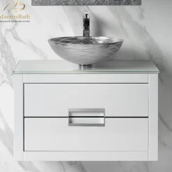 MaestroBath Dante 32" Modern Bathroom Vanity, White and Silver, Wall-mounted, Glass Top: Flat, Wood, VANK-DNT-WS8