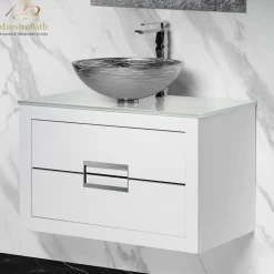 MaestroBath Dante 32" Modern Bathroom Vanity, White and Silver, Wall-mounted, Glass Top: Flat, Wood, VANK-DNT-WS8