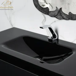 MaestroBath Dante 40" Modern Bathroom Vanity, Black and Silver, Wall-mounted, Glass Top: Integrated, Wood, VANK-DNTI-BS10