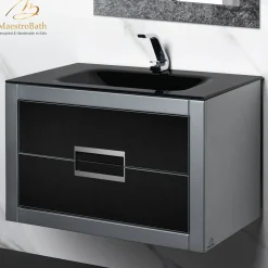 MaestroBath Dante 32" Modern Bathroom Vanity, Silver and Black, Wall-mounted, Glass Top: Integrated, Wood, VANK-DNTI-SL8