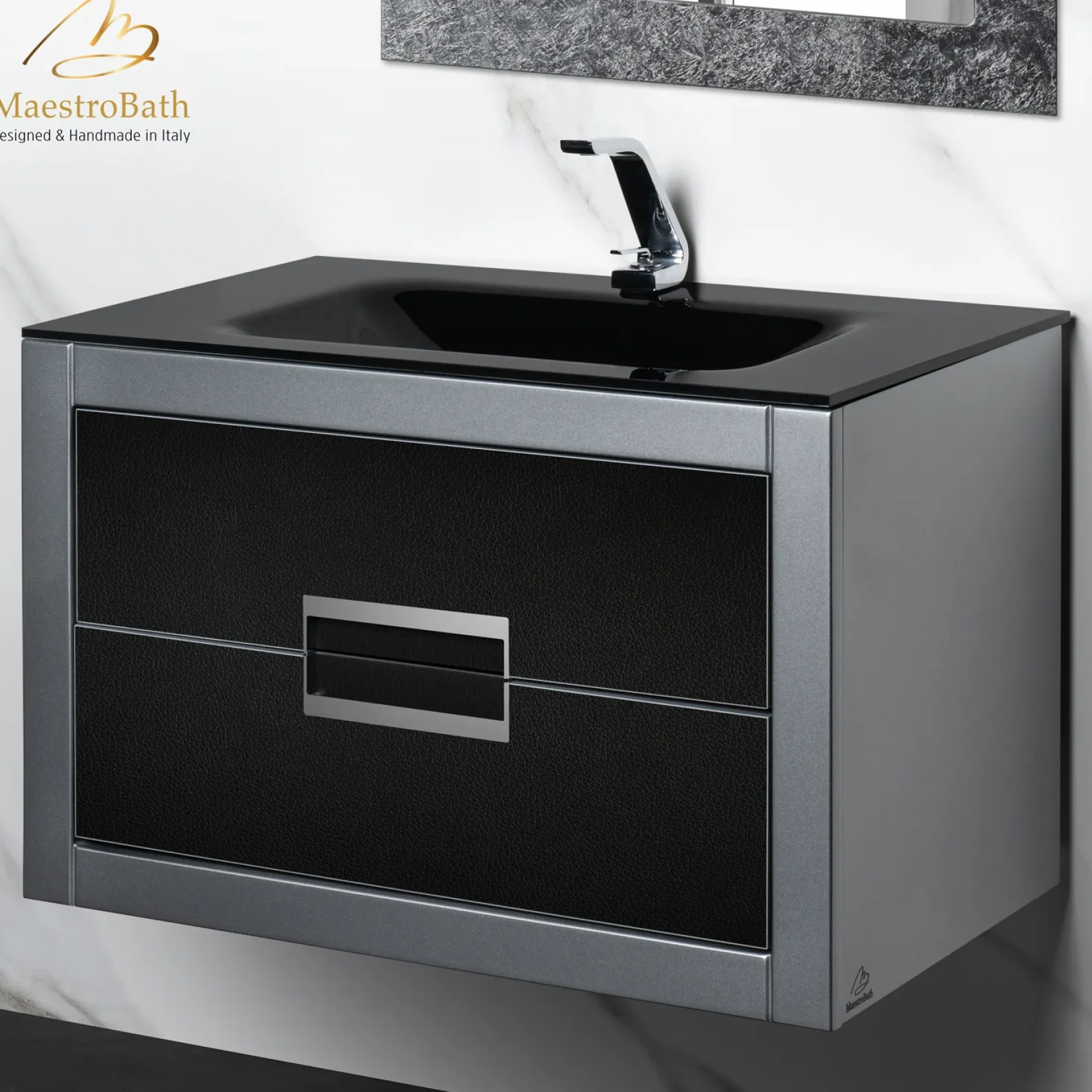 MaestroBath Dante 32" Modern Bathroom Vanity, Silver and Black, Wall-mounted, Glass Top: Integrated, Wood, VANK-DNTI-SL8