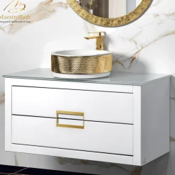 MaestroBath Dante 40" Modern Bathroom Vanity, White and Gold, Wall-mounted, Glass Top: Flat, Wood, VANK-DNT-WG10