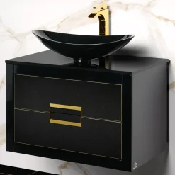 MaestroBath Dante 24" Modern Bathroom Vanity, Black and Gold, Wall-mounted, Glass Top: Flat, Wood, VANK-DNT-BG6