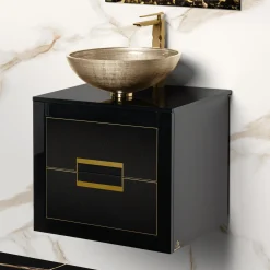 MaestroBath Dante 24" Modern Bathroom Vanity, Black and Gold, Wall-mounted, Glass Top: Flat, Wood, VANK-DNT-BG6