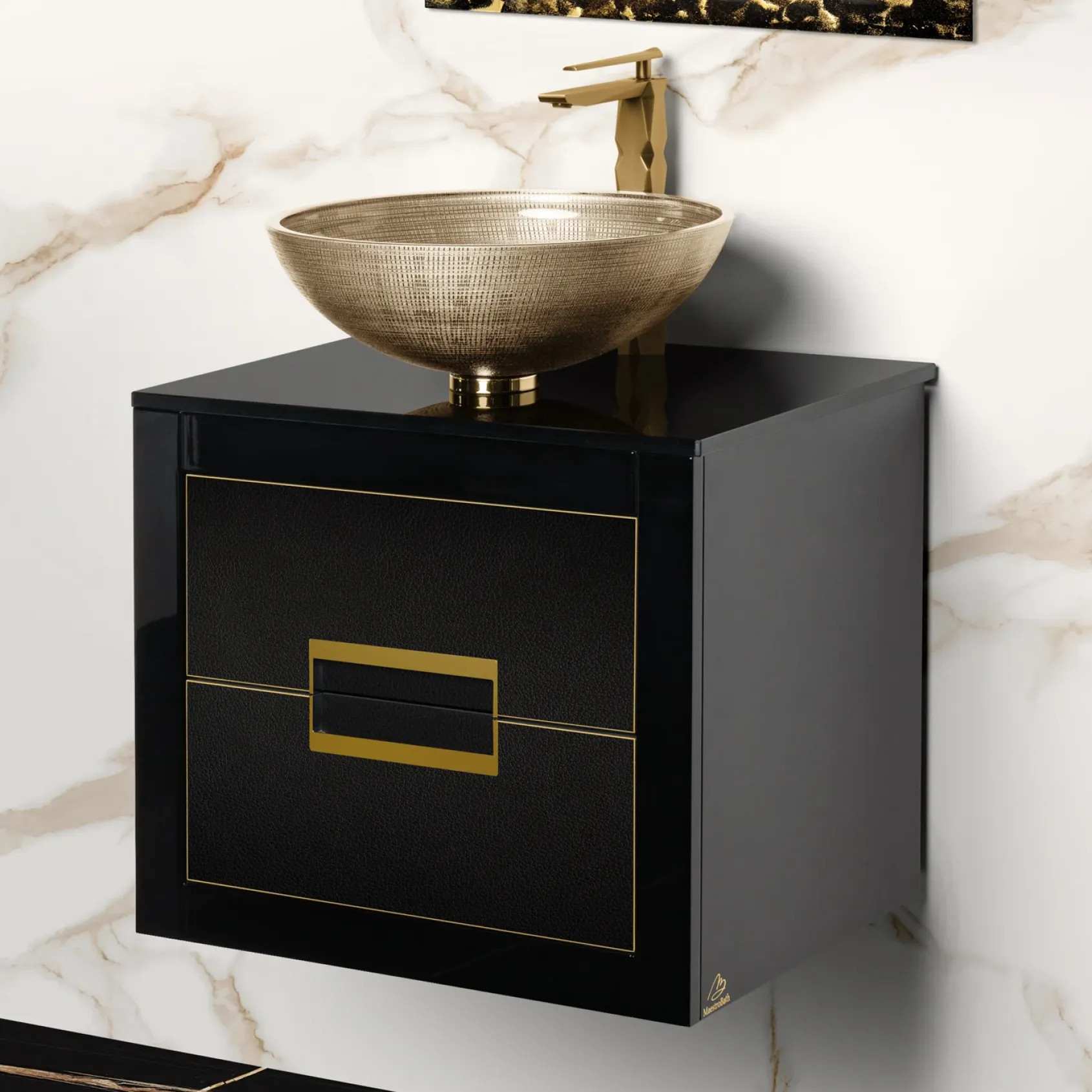 MaestroBath Dante 24" Modern Bathroom Vanity, Black and Gold, Wall-mounted, Glass Top: Flat, Wood, VANK-DNT-BG6