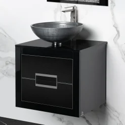 MaestroBath Dante 24" Modern Bathroom Vanity, Black and Silver, Wall-mounted, Glass Top: Flat, Wood, VANK-DNT-BS6