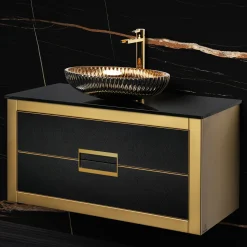 MaestroBath Dante 40" Modern Bathroom Vanity, Gold and Black, Wall-mounted, Glass Top: Flat, Wood, VANK-DNT-GL10