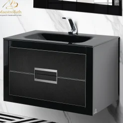 MaestroBath Dante 32" Modern Bathroom Vanity, Black and Silver, Wall-mounted, Glass Top: Integrated, Wood, VANK-DNTI-BS8