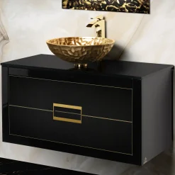 MaestroBath Dante 40" Modern Bathroom Vanity, Black and Gold, Wall-mounted, Glass Top: Flat, Wood, VANK-DNT-BG10