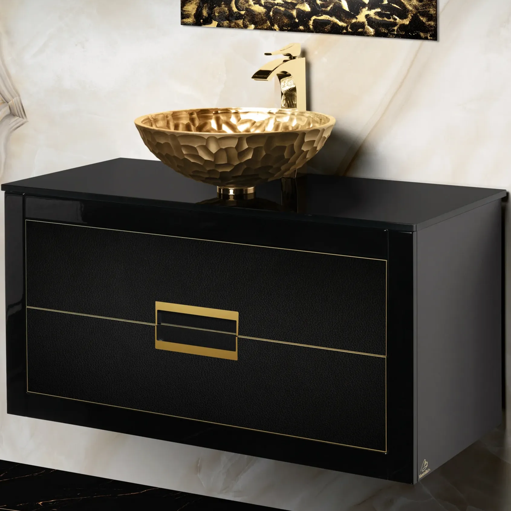 MaestroBath Dante 40" Modern Bathroom Vanity, Black and Gold, Wall-mounted, Glass Top: Flat, Wood, VANK-DNT-BG10
