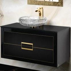 MaestroBath Dante 40" Modern Bathroom Vanity, Black and Gold, Wall-mounted, Glass Top: Flat, Wood, VANK-DNT-BG10