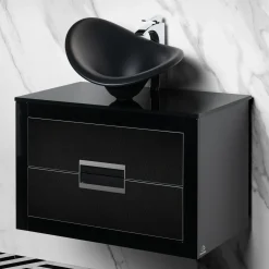 MaestroBath Dante 32" Modern Bathroom Vanity, Black and Silver, Wall-mounted, Glass Top: Flat, Wood, VANK-DNT-BS8