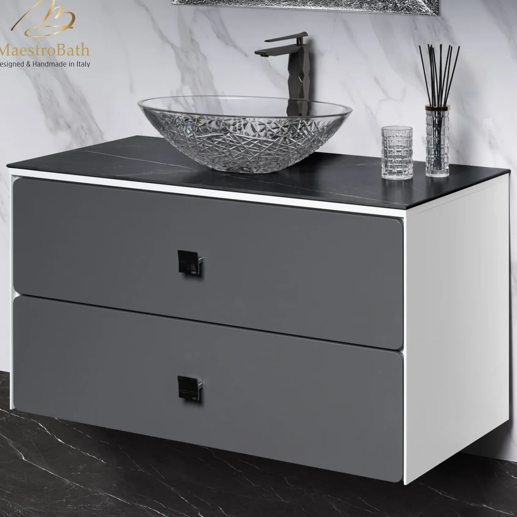 MaestroBath Serenita Modern Bathroom Vanity, White and Silver, 40", Wood, VAN-SRN40-WHS