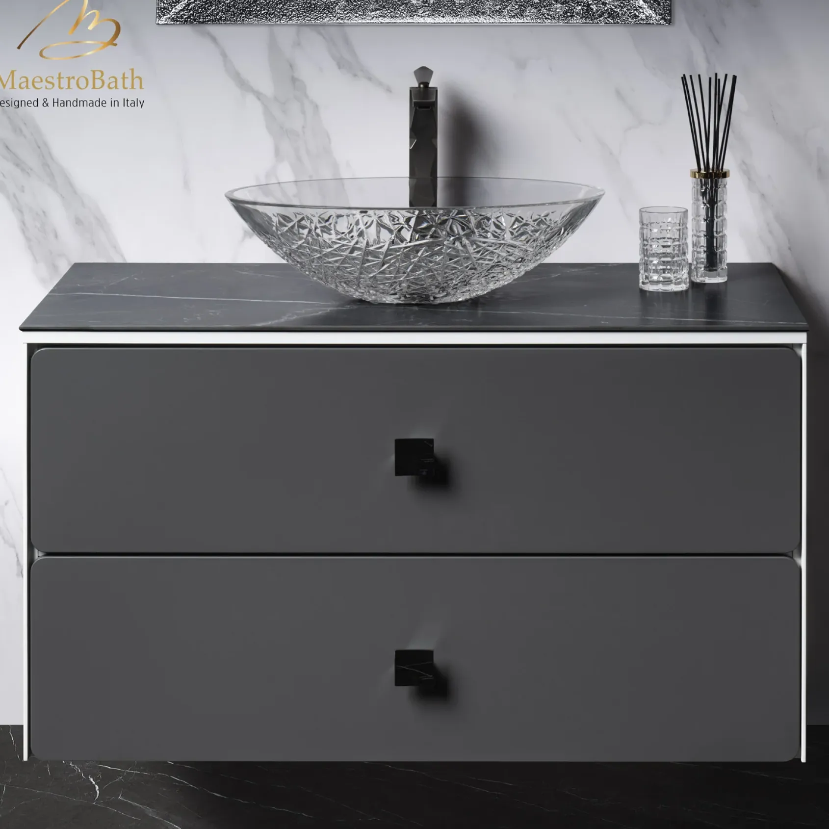MaestroBath Serenita Modern Bathroom Vanity, White and Silver, 40", Wood, VAN-SRN40-WHS