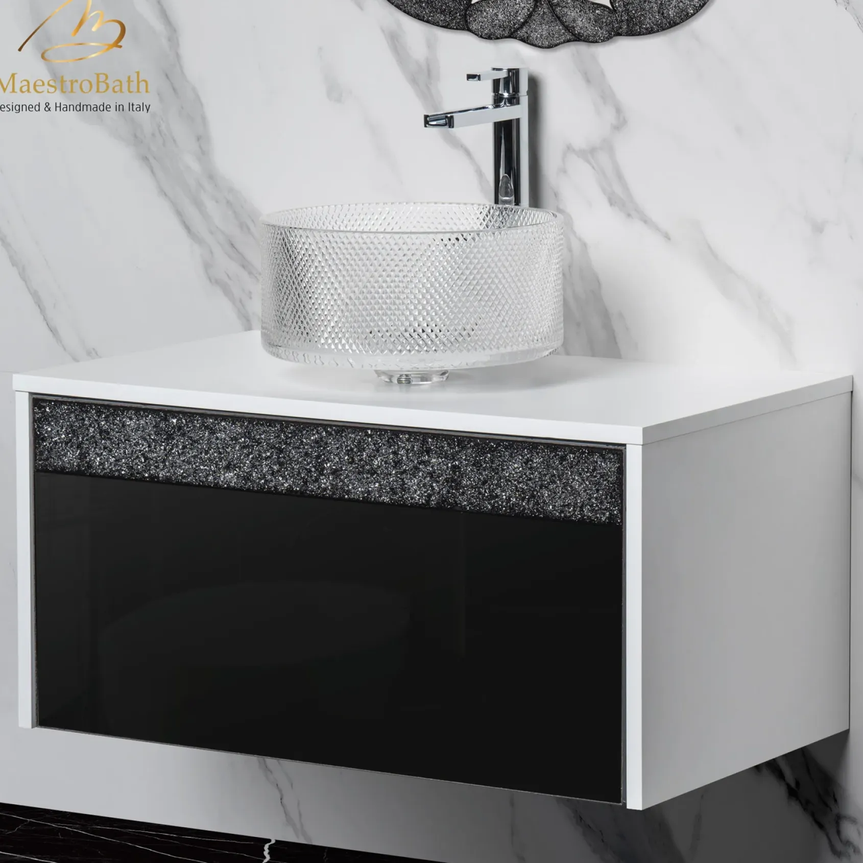 MaestroBath Splendore Modern Single Bathroom Vanity 32", Durable Wood and Murano Crystals, White and Black, VAN-SPL32-WHB