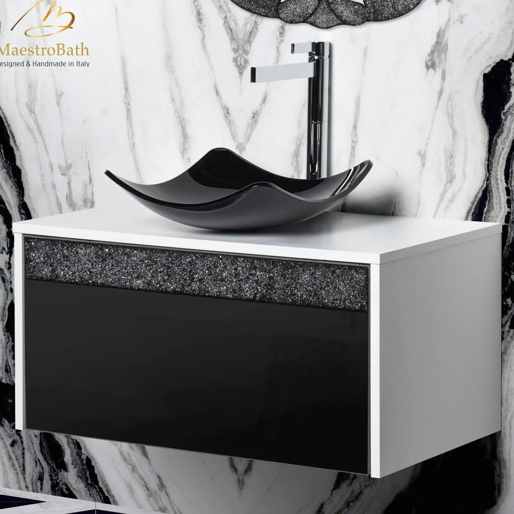 MaestroBath Splendore Modern Single Bathroom Vanity 32", Durable Wood and Murano Crystals, White and Black, VAN-SPL32-WHB
