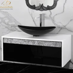 MaestroBath Splendore Modern Single Bathroom Vanity 40", Durable Wood and Murano Crystals, White and Black, VAN-SPL40-WHB