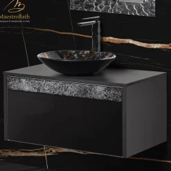 MaestroBath Splendore Modern Single Bathroom Vanity 32", Durable Wood and Murano Crystals, Black, Grey and Black, VAN-SPL32-GRB