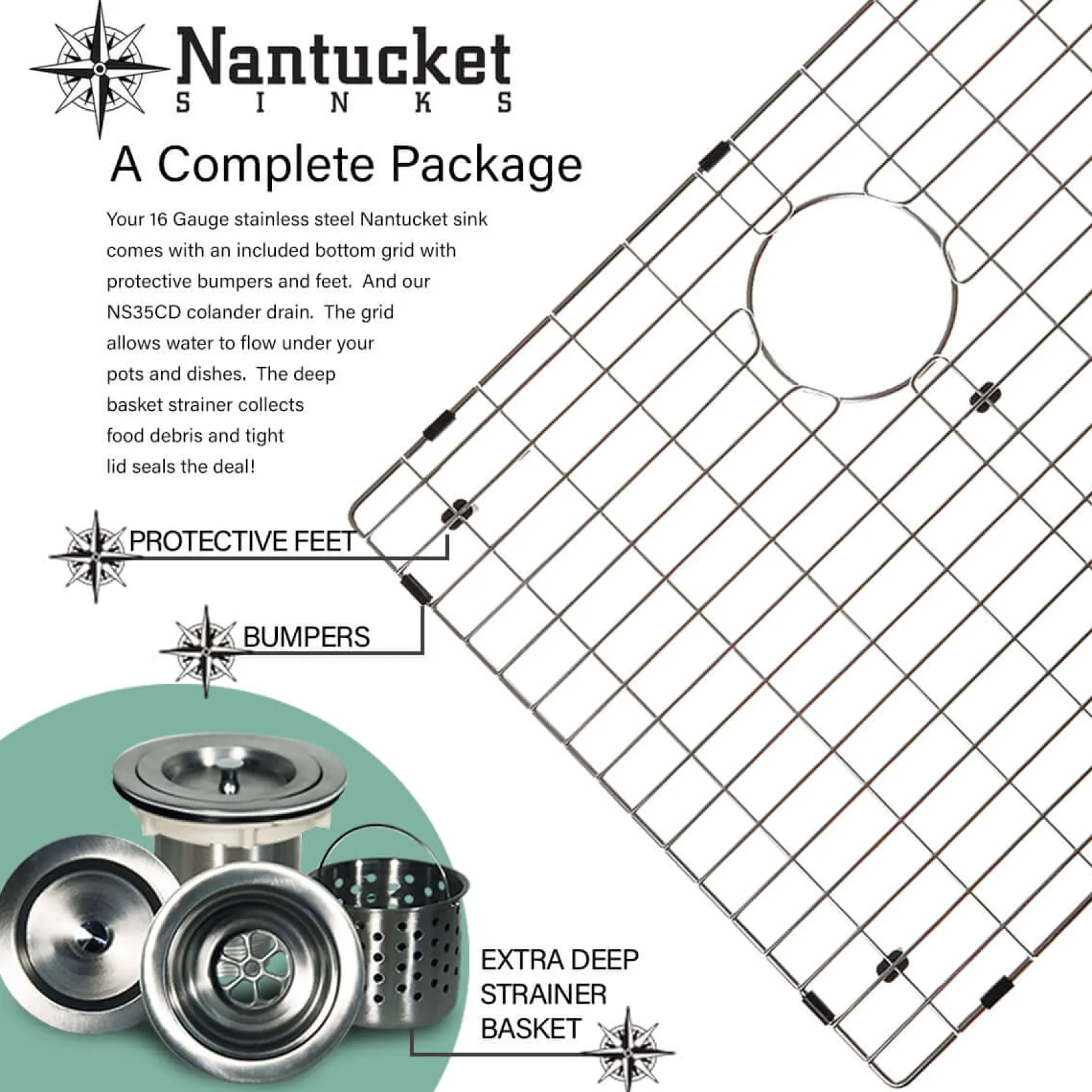 Nantucket Sinks All Weather 19" Square 316 Marine Grade Stainless Steel Workstation Bar/Kitchen Sink with Accessories, 16 Gauge, AW1919-16