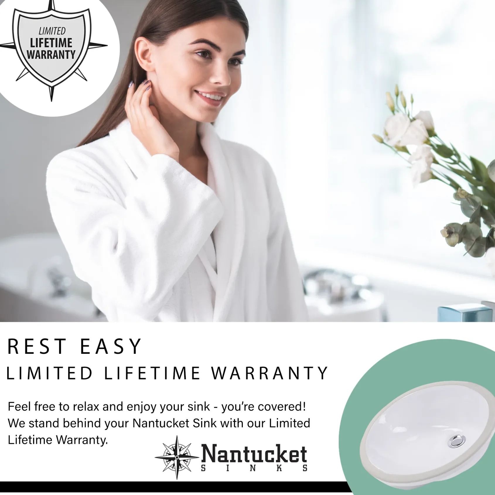 Nantucket Sinks Brant Point 23" Ceramic Bathroom Sink, White, DI-2317-R8