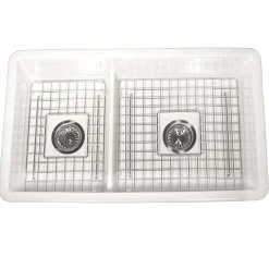 Nantucket Sinks Cape 31" Dual Mount Fireclay Kitchen Sink with Accessories, 60/40 Double Bowl, White, Wellfleet-31OSW