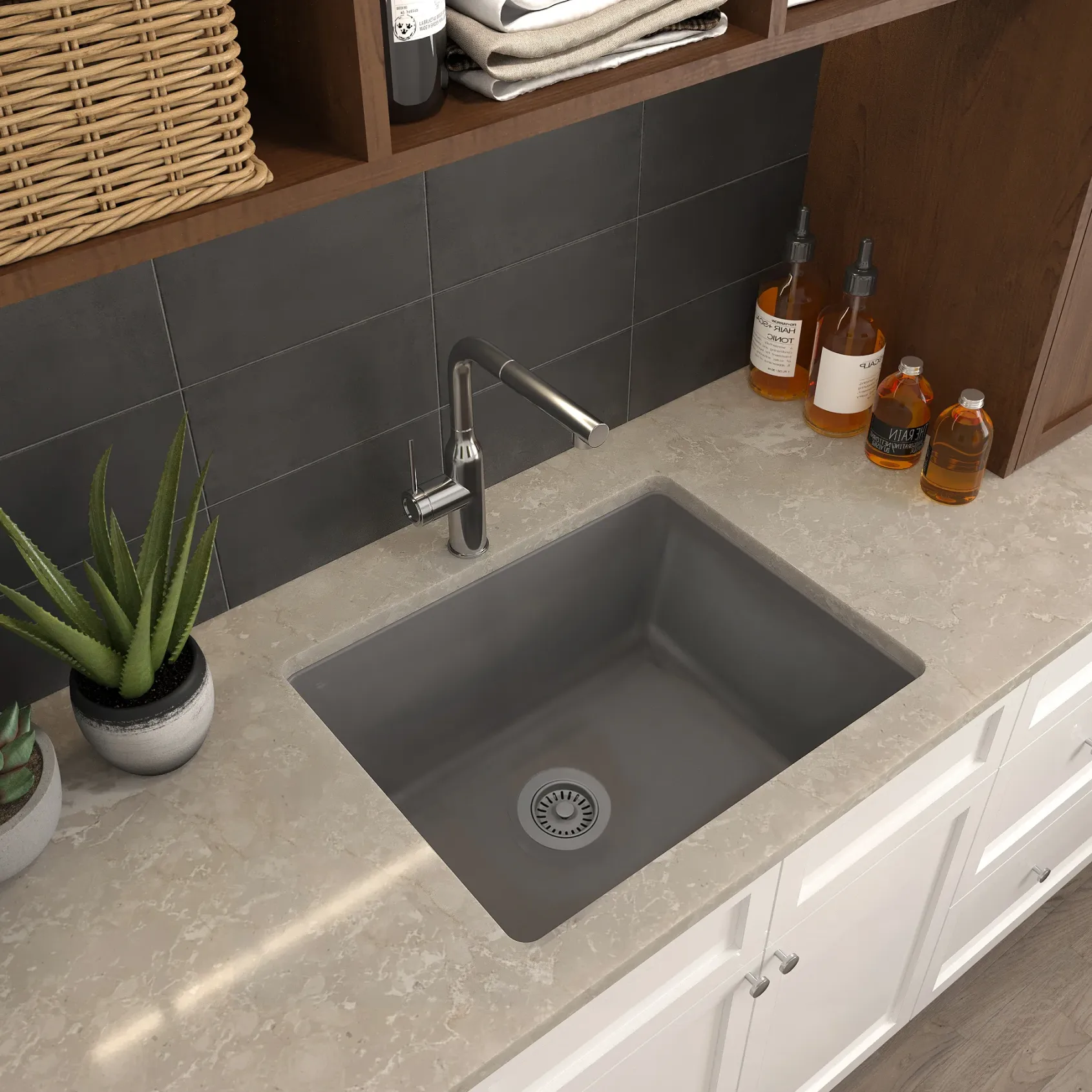Nantucket Sinks Rockport 25" Dual Mount Granite Composite Laundry Sink, Titanium, PR2522-DM-TI