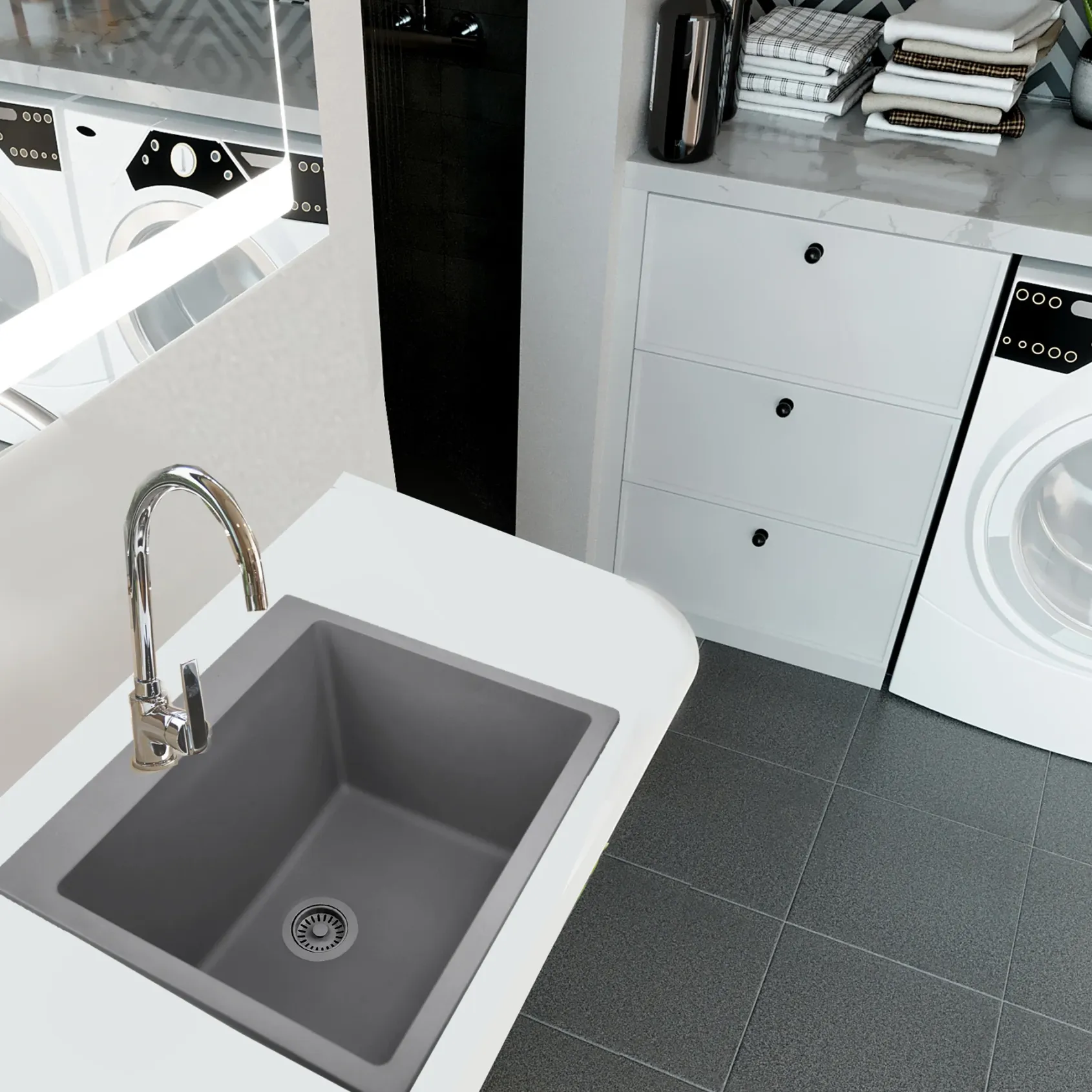 Nantucket Sinks Rockport 25" Dual Mount Granite Composite Laundry Sink, Titanium, PR2522-DM-TI