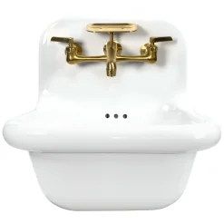 Nantucket Sinks Victorian 16.5" x 16.5" Irregular Wallmount Fireclay Bathroom Sink with Faucet and Accessories, White/Satin Brushed Brass, NS-VC16-WW-SBFCT