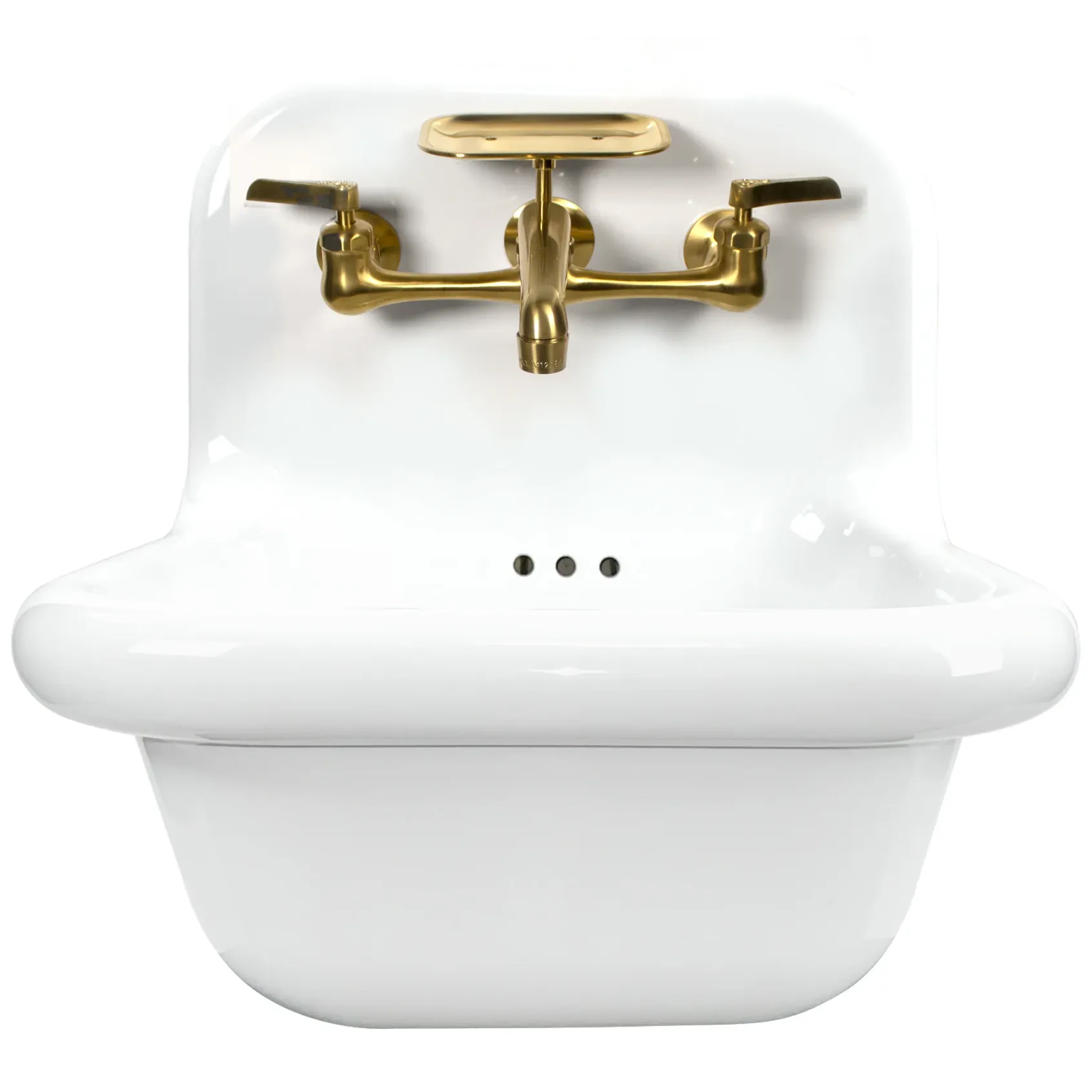 Nantucket Sinks Victorian 16.5" x 16.5" Irregular Wallmount Fireclay Bathroom Sink with Faucet and Accessories, White/Satin Brushed Brass, NS-VC16-WW-SBFCT