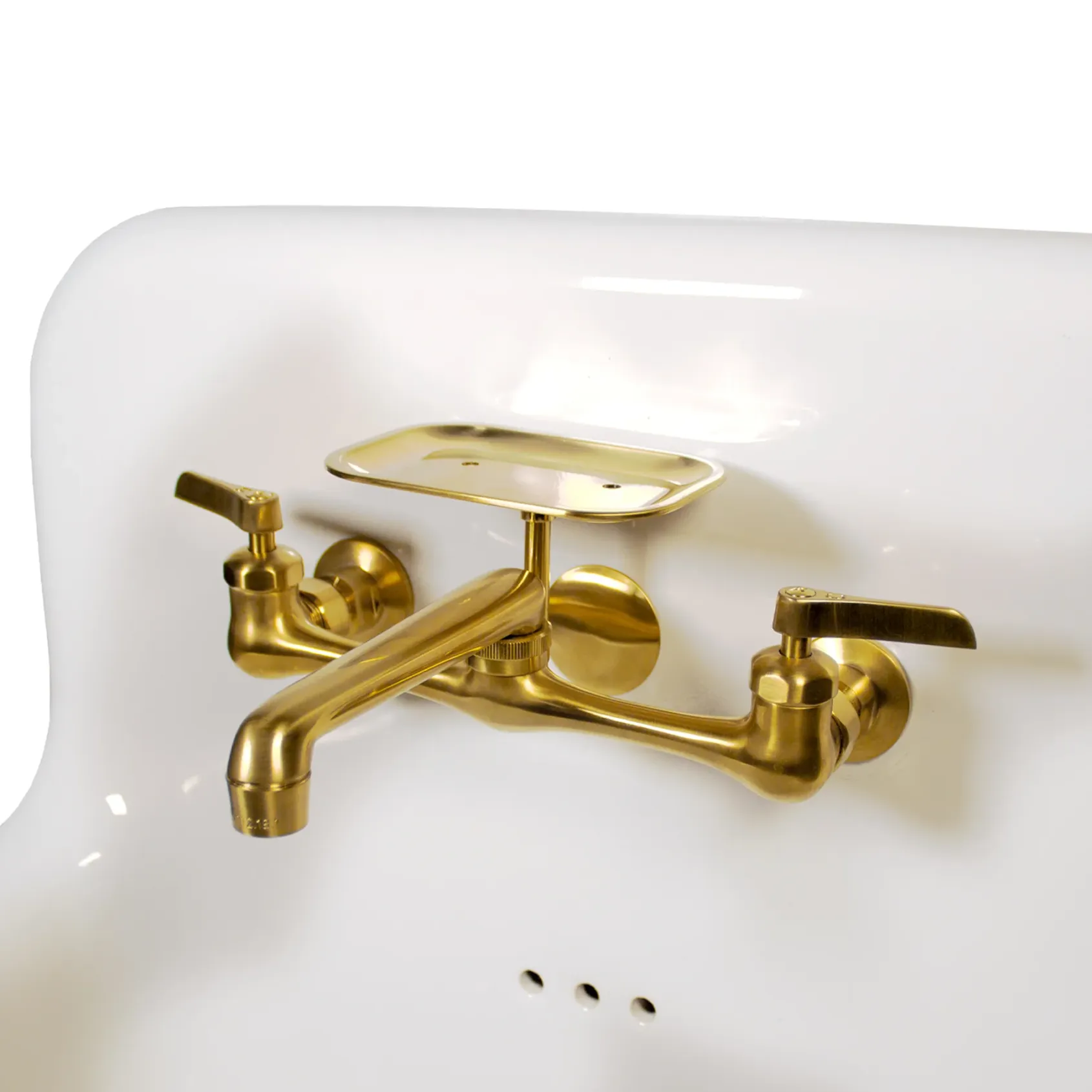 Nantucket Sinks Victorian 16.5" x 16.5" Irregular Wallmount Fireclay Bathroom Sink with Faucet and Accessories, White/Satin Brushed Brass, NS-VC16-WW-SBFCT