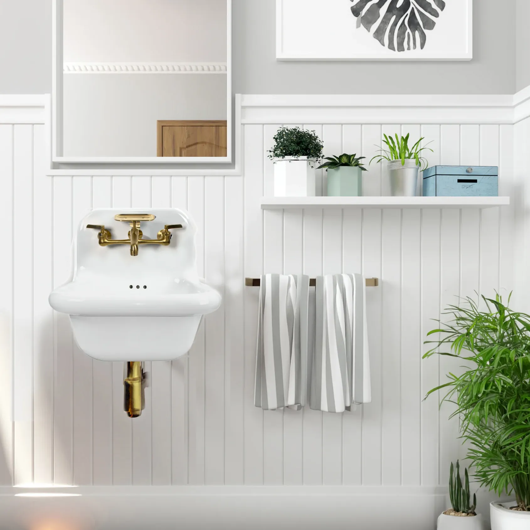 Nantucket Sinks Victorian 16.5" x 16.5" Irregular Wallmount Fireclay Bathroom Sink with Faucet and Accessories, White/Satin Brushed Brass, NS-VC16-WW-SBFCT