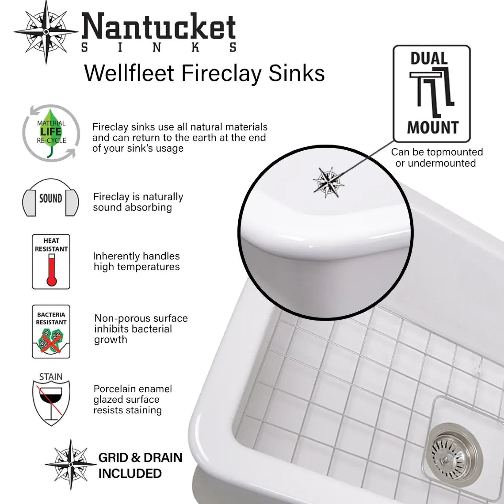 Nantucket Sinks Cape 18" Dual Mount Fireclay Kitchen Sink, White, Wellfleet-1818W