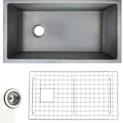 Nantucket Sinks Cape 34" Dual Mount Fireclay Kitchen Sink with Accessories, Concrete Grey, Wellfleet-3419Concrete