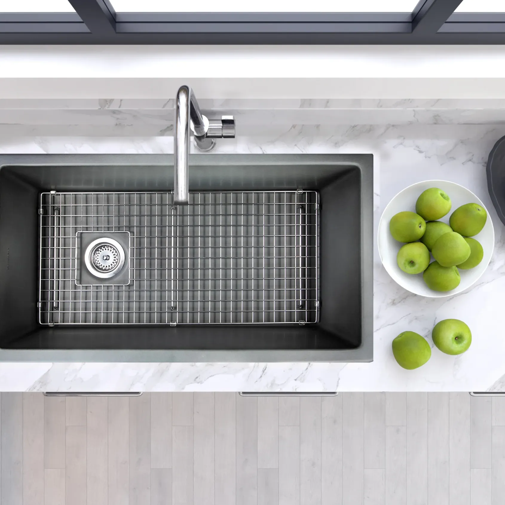 Nantucket Sinks Cape 34" Dual Mount Fireclay Kitchen Sink with Accessories, Concrete Grey, Wellfleet-3419Concrete