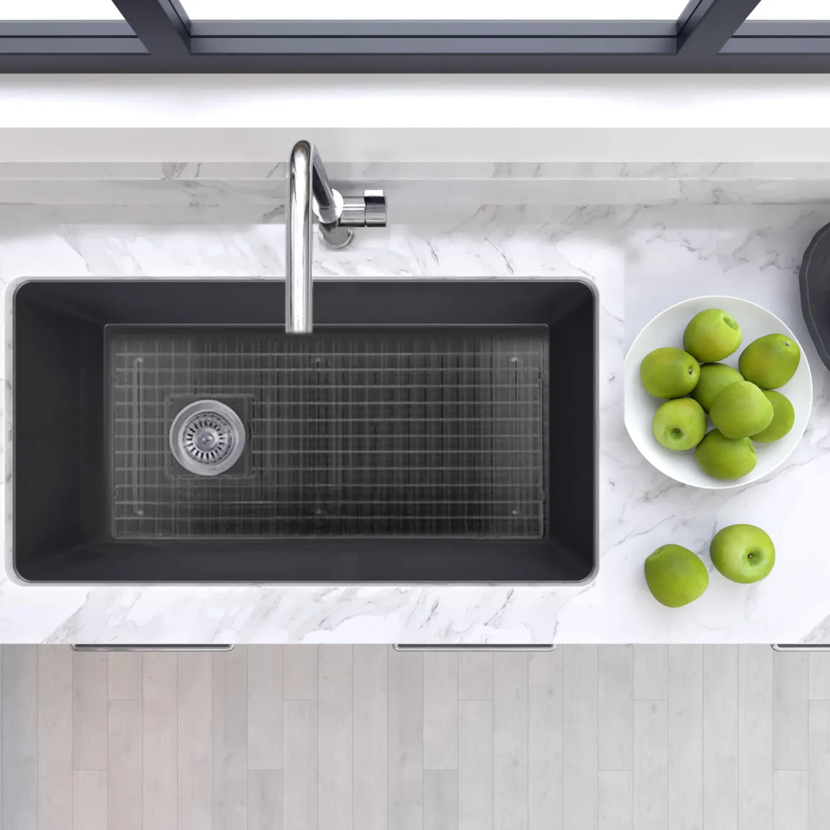 Nantucket Sinks Cape 34" Dual Mount Fireclay Kitchen Sink with Accessories, Matte Black, Wellfleet-3419MatteBlack