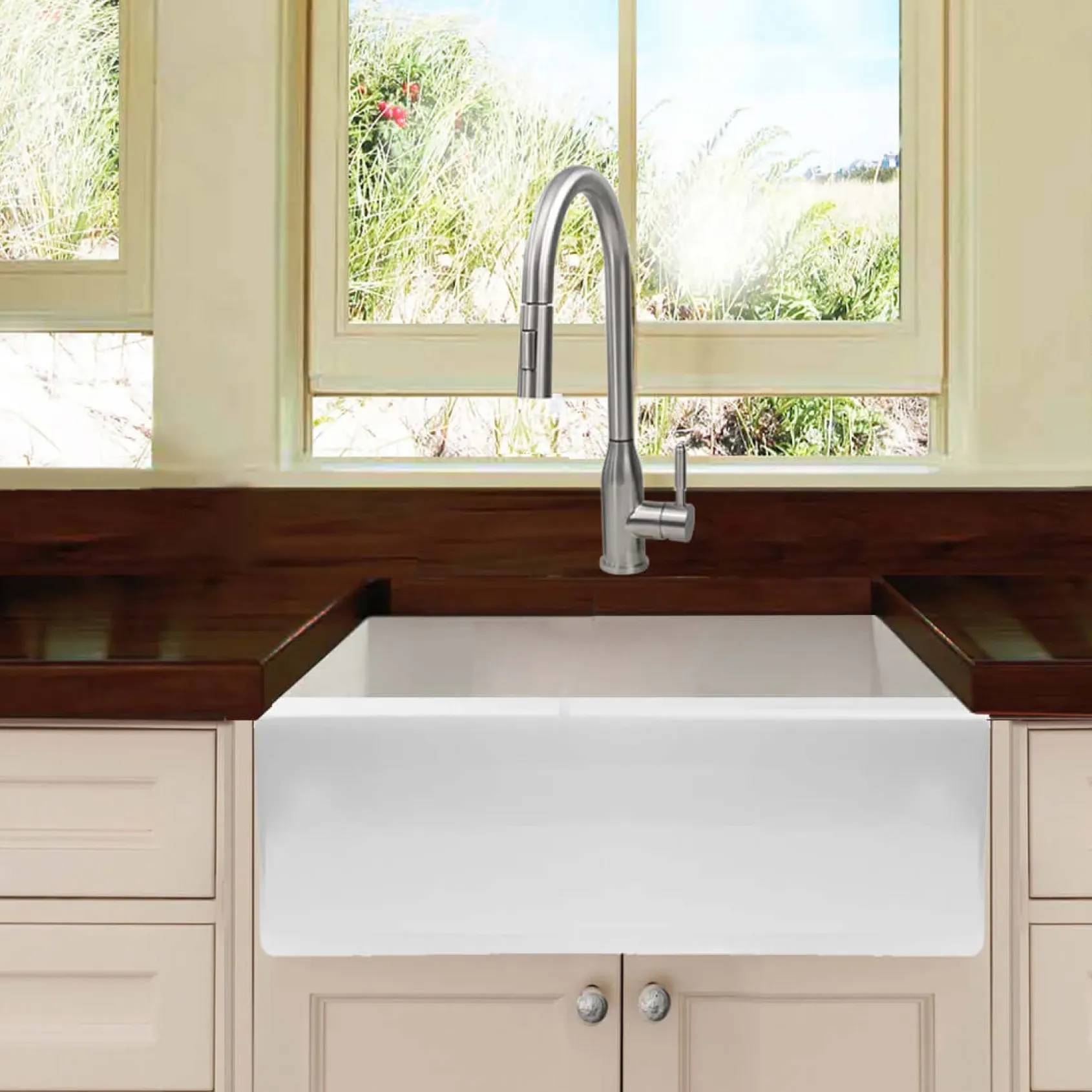 Nantucket Sinks Cape 24" Fireclay Farmhouse Sink, White, Hyannis-24