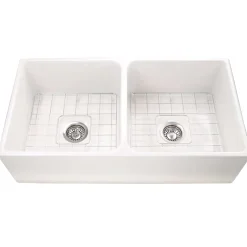 Nantucket Sinks Cape 36" Fireclay Farmhouse Sink with Accessories, White, T-FCFS36-DBL