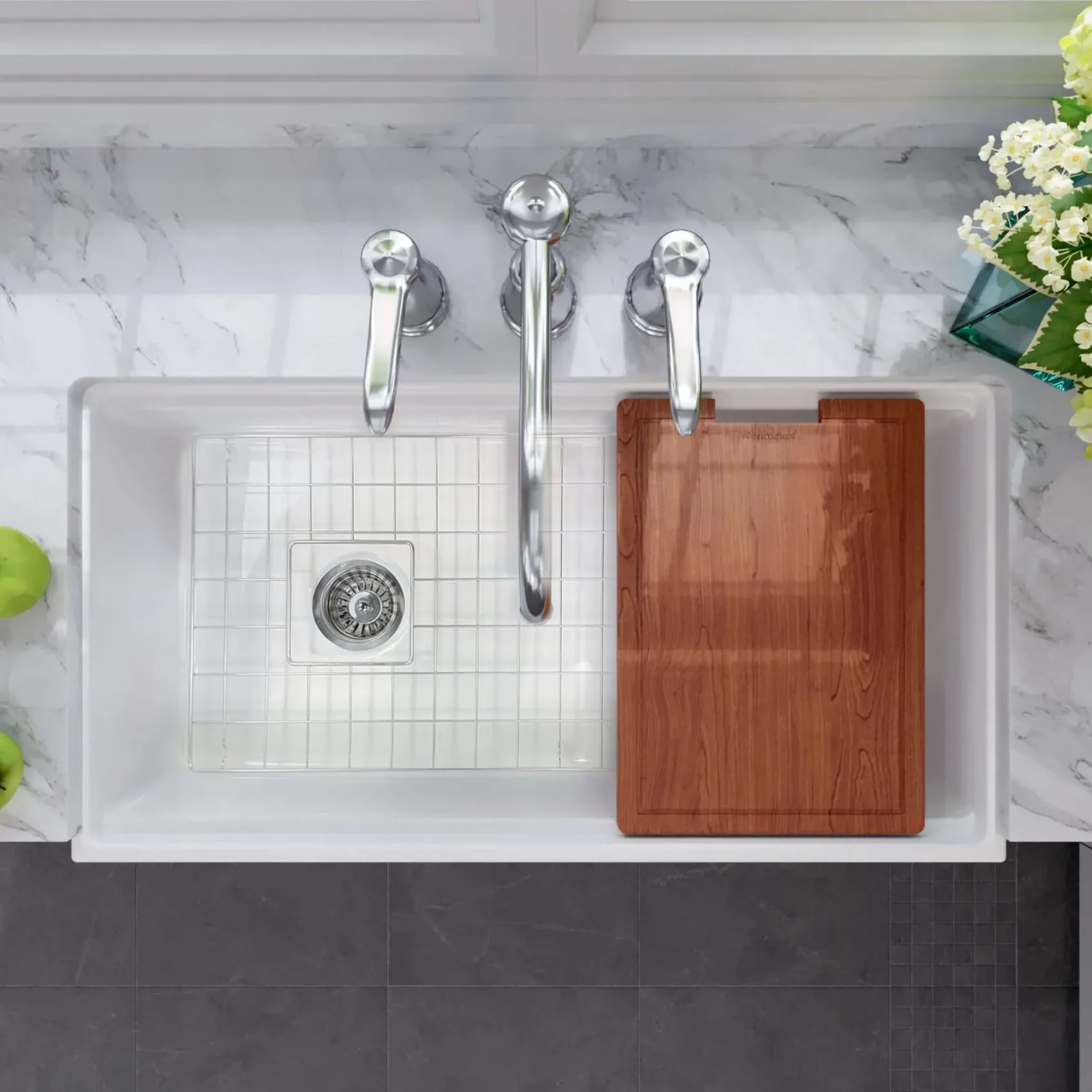 Nantucket Sinks Cape 36" Fireclay Workstation Farmhouse Sink with Accessories, White, T-PS36W