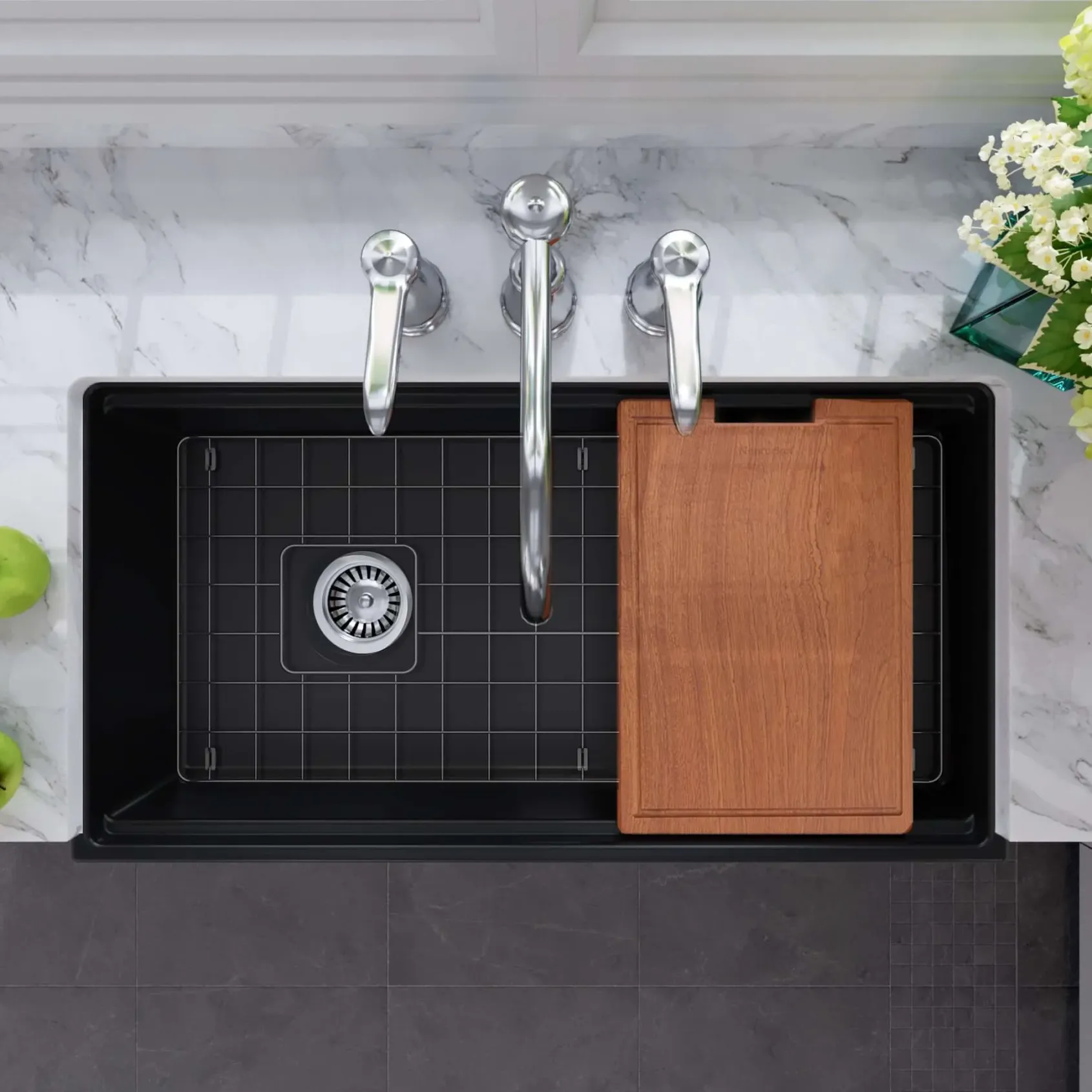Nantucket Sinks Cape 36" Fireclay Workstation Farmhouse Sink with Accessories, Matte Black, T-PS36MB
