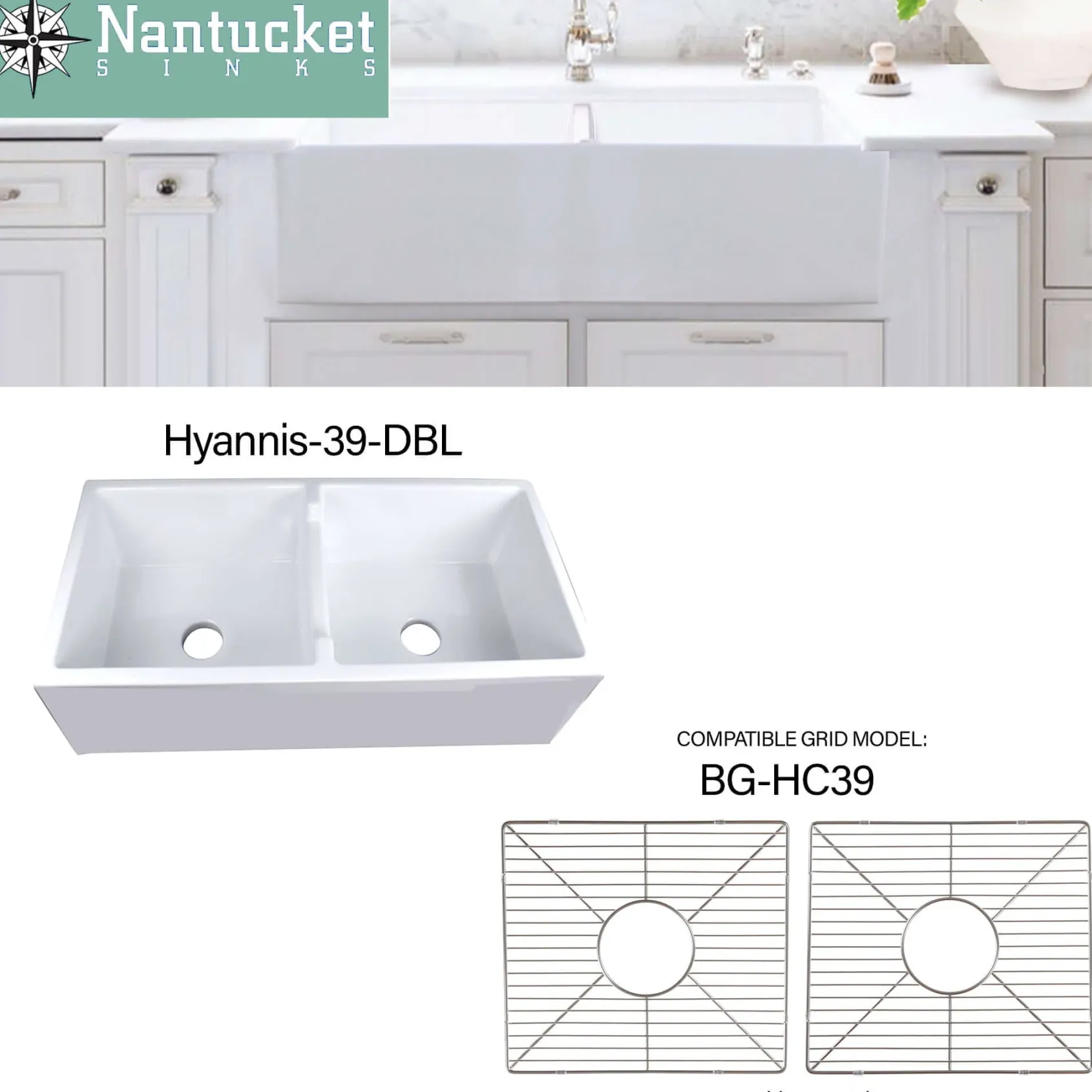 Nantucket Sinks Cape 40" Fireclay Farmhouse Sink, 50/50 Double Bowl, White, Hyannis-39-DBL