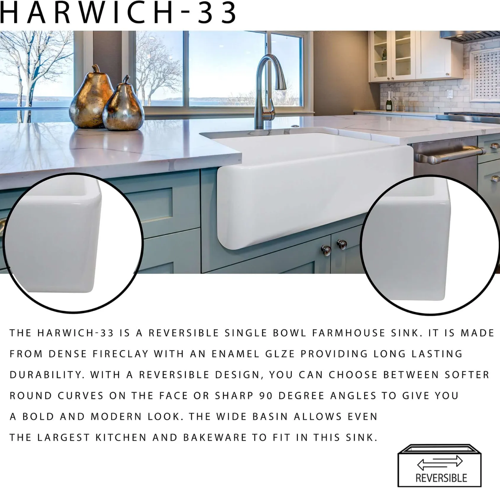 Nantucket Sinks Cape 33" Fireclay Farmhouse Sink, White, Harwich-33