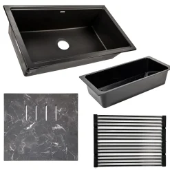 Nantucket Sinks Plymouth 34" Undermount Granite Composite Workstation Kitchen Sink with Accessories, Black, PR3419-NBL-UM