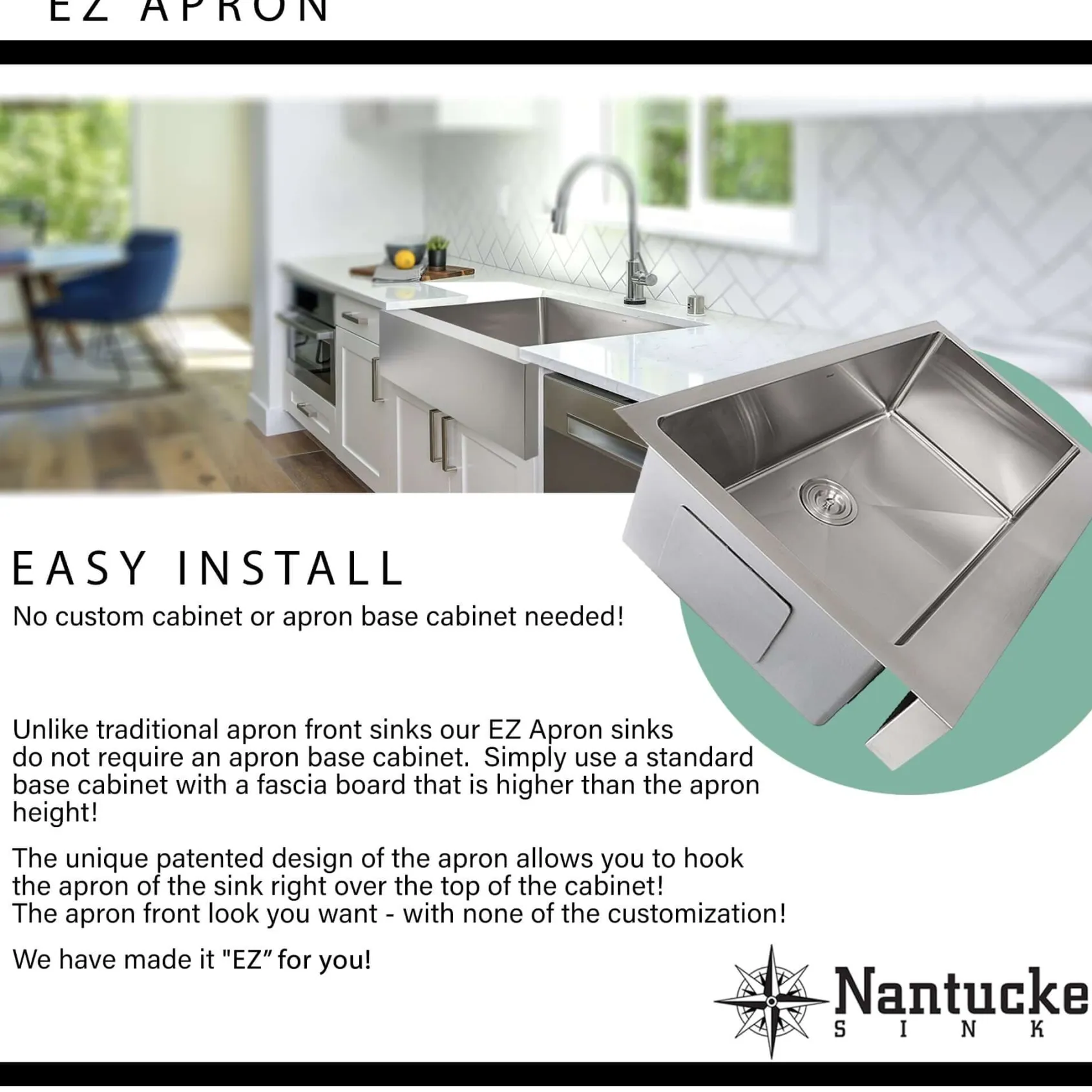 Nantucket Sinks Pro Series 33" Stainless Steel Retrofit Farmhouse Sink, 16 Gauge, EZApron33-5.5