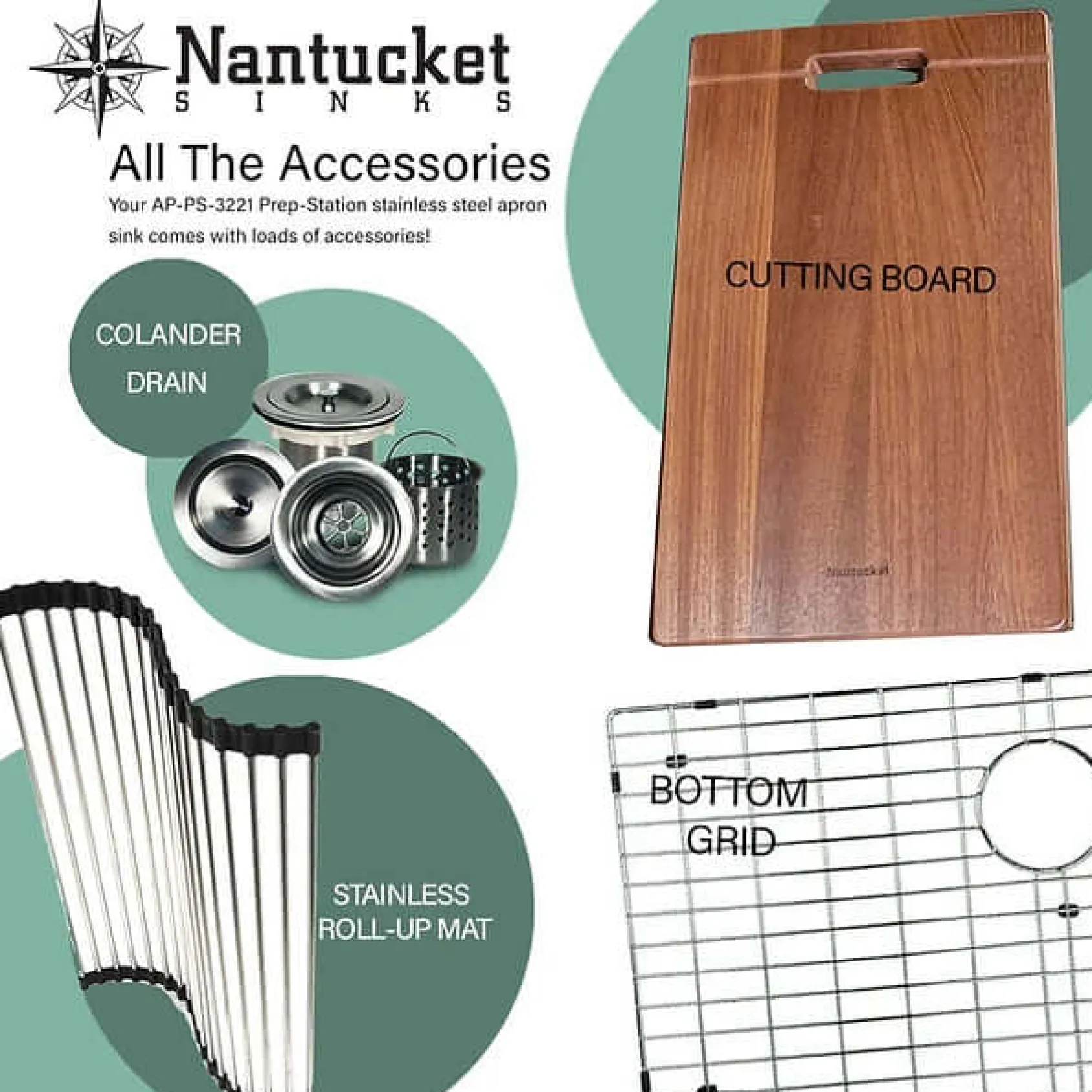 Nantucket Sinks Pro Series 33" 304 Stainless Steel Workstation Farmhouse Sink with Accessories, 16 Gauge, AP-PS-3221-16