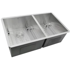 Nantucket Sinks Pro Series 32" Undermount 304 Stainless Steel Kitchen Sink with Accessories, 55/45 Double Bowl, Silver, 16 Gauge, ZR3219-OS-16